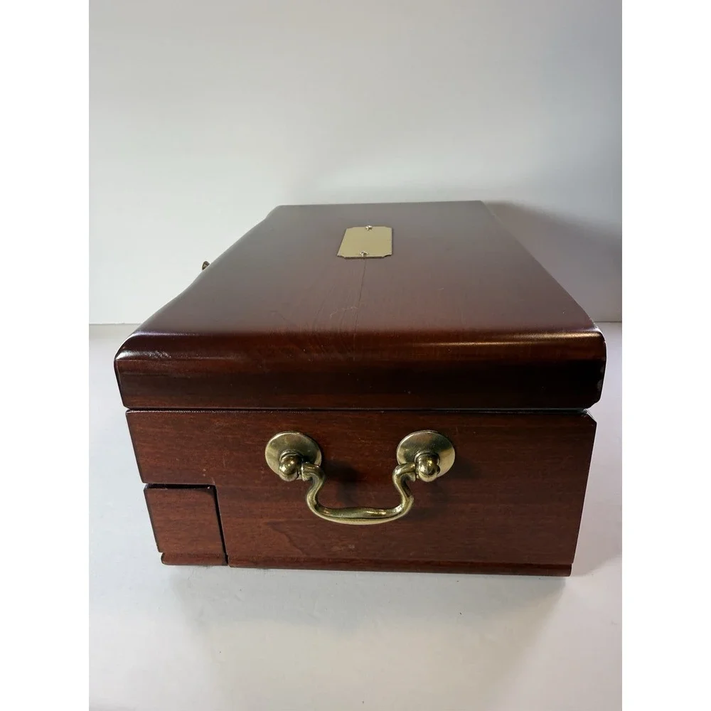 Reed & Barton Eureka Wood Jewelry Box Chest W/Drawer Burgundy Velvet Interior